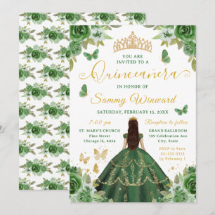 Quinceañera Prinzessin Dunkelgrün Floral Gold Tiar Einladung