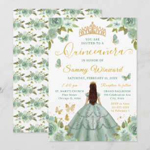 Quinceañera Prinzessin Hellgrün Blumen Gold Tiara Einladung