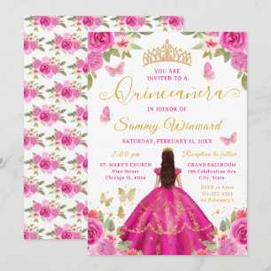 Quinceañera Prinzessin Hot Pink Floral Gold Tiara Einladung