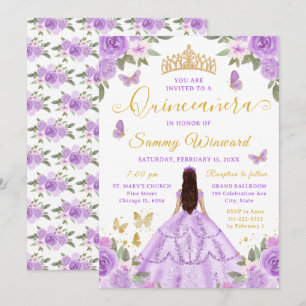 Quinceañera Prinzessin Lila Blumen Gold Tiara Einladung