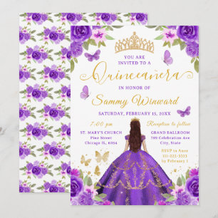 Quinceañera Prinzessin Lila Blumen Gold Tiara Einladung