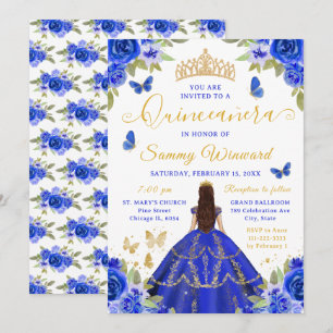 Quinceañera Prinzessin Royal Blau Floral Gold Tiar Einladung