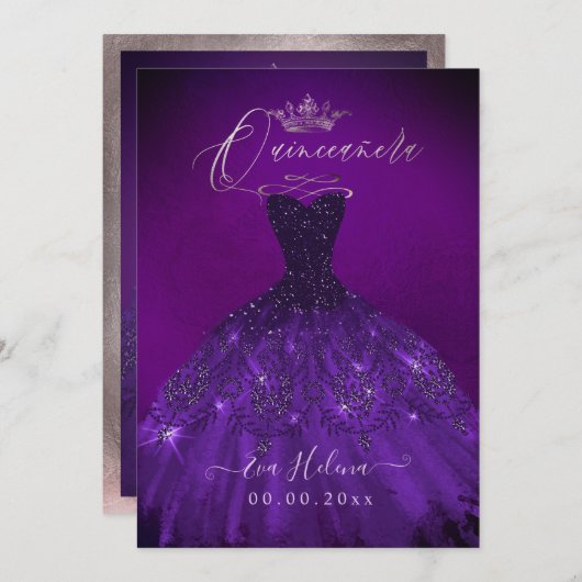Quinceañera, Prinzessin Sparkle Gown Eggplant Einladung (Vorne/Hinten)