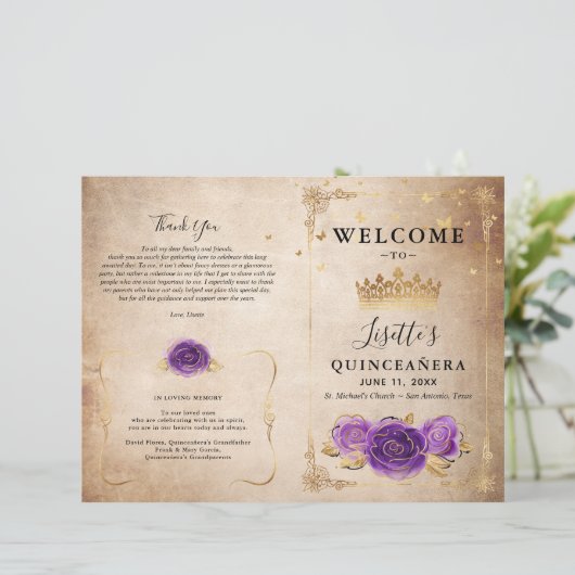 Quinceanera-Programm für lila Lavendel- und Gold-R (Stehend Vorderseite)