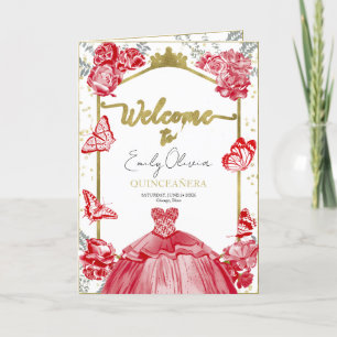 Quinceanera Programme Red Dress Floral Gold Fossil