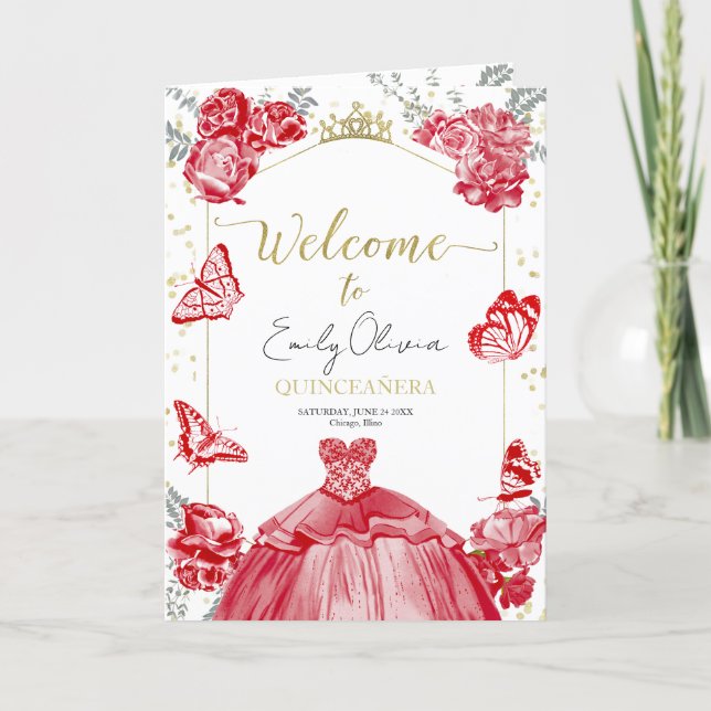 Quinceanera Programme Red Dress Floral Gold Fossil (Vorderseite)