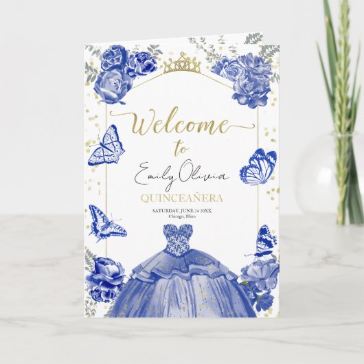 Quinceanera Programme Royal Blue Dress Floral Gold (Vorderseite)