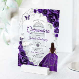 Quinceanera Purple Silver Floral Dress Acryleinladungen