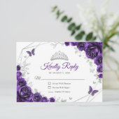 Quinceanera Purple Silver Floral Reply RSVP Karte (Stehend Vorderseite)