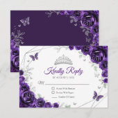 Quinceanera Purple Silver Floral Reply RSVP Karte (Vorne/Hinten)