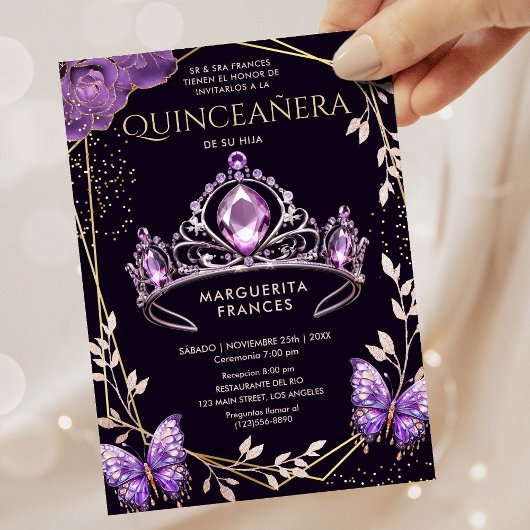 Quinceañera Purple Tiara Floral Butterfly Spanisch Einladung