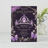 Quinceañera Purple Tiara Floral Butterfly Spanisch Einladung (Stehend Vorderseite)