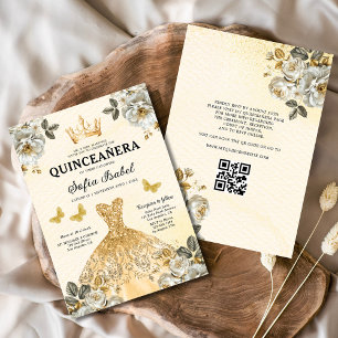Quinceanera QR Code Floral Gold Princess Einladung