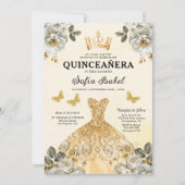 Quinceanera QR Code Floral Gold Princess Einladung (Vorderseite)