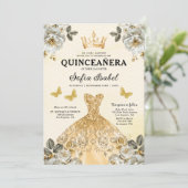 Quinceanera QR Code Floral Gold Princess Einladung (Stehend Vorderseite)