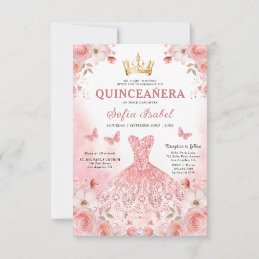 Quinceañera QR Code Rosa Rose Blüte Einladung (Vorderseite)