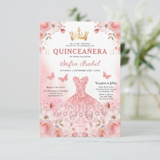 Quinceañera QR Code Rosa Rose Blüte Einladung (Stehend Vorderseite)