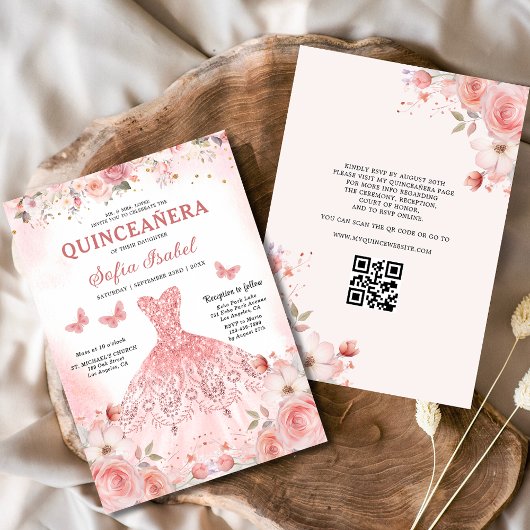 Quinceañera QR Code Rosa Rose Blüte Einladung