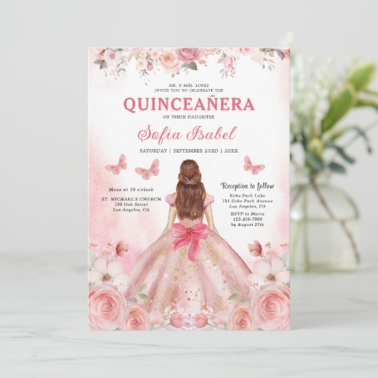 Quinceañera QR Code Rosa Rose Blüte Einladung (Stehend Vorderseite)