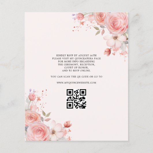 Quinceañera QR Code Rosa Rose Blüte Flyer (Hinten)