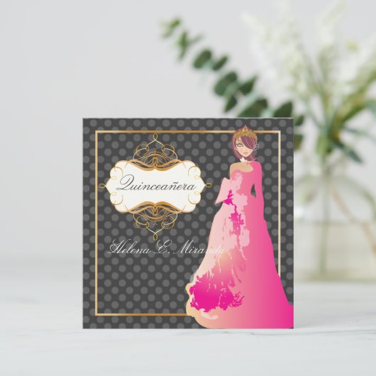 Quinceañera/Quince años princess/polka dots Einladung (Stehend Vorderseite)