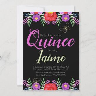 Quinceanera Quince Aquarell Floral Pink Schwarz Einladung