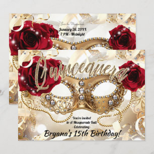 Quinceañera Quince Cream Gold Maskenball Party Einladung
