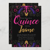 Quinceanera Quince Spaß Dotted Blumenrosa Schwarz Einladung (Vorne/Hinten)