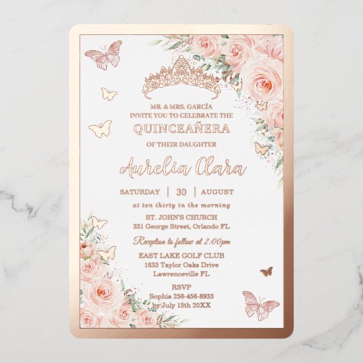 Quinceañera Quince Sweet 16 Blush Rose Gold Folieneinladung (Vorderseite)