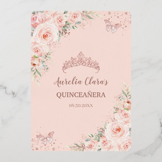 Quinceañera Quince Sweet 16 Blush Rose Gold Folieneinladung (Rückseite)