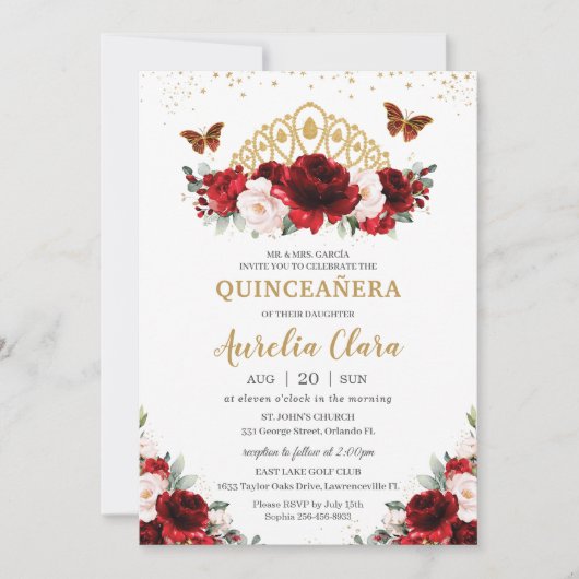 Quinceañera Red and Blush Floral Butterfliegen Tia Einladung (Vorderseite)
