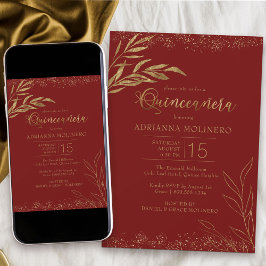 Quinceanera Red and Gold Leaf Elegant Einladung