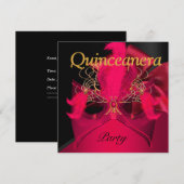 Quinceanera Red Black Gold Maskerin Einladung (Vorne/Hinten)