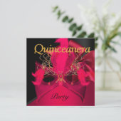 Quinceanera Red Black Gold Maskerin Einladung (Stehend Vorderseite)