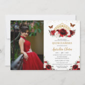 Quinceañera Red Blush Floral Butterfells Krone Einladung (Vorderseite)