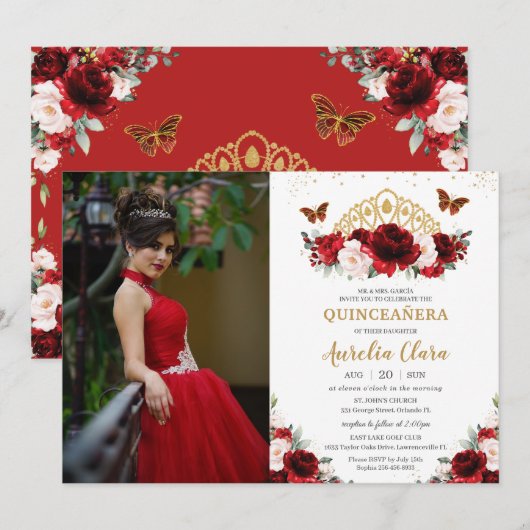 Quinceañera Red Blush Floral Butterfells Krone Einladung (Vorne/Hinten)