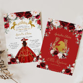 Quinceañera Red Blush Floral Charro Gold Pferde Einladung