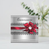 Quinceanera Red Bow Black Pearl Lace Diamond Einladung (Stehend Vorderseite)