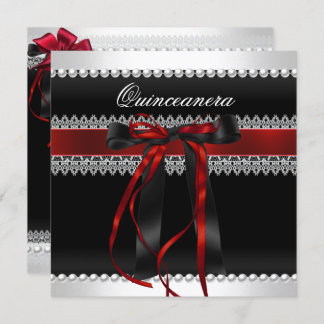 Quinceanera Red Bow Black Pearl Lace Diamond Einladung
