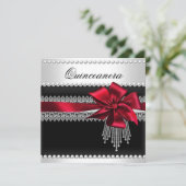 Quinceanera Red Bow Black Pearl Lace Diamond Einladung (Stehend Vorderseite)