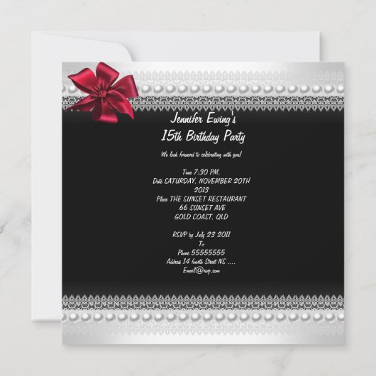 Quinceanera Red Bow Black Pearl Lace Diamond Einladung (Rückseite)