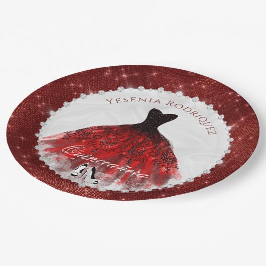Quinceañera Red Diamond Sparkle Glam Pappteller (Schrägansicht)