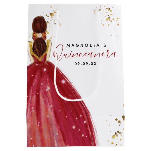 Quinceanera Red Dress Gold Glitzer Mittlere Geschenktüte (Rückseite)