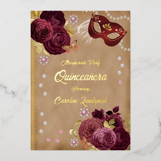 Quinceañera Red English Rose & Gold Red Mask Folieneinladung (Vorderseite)