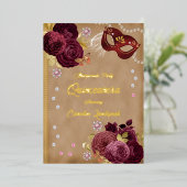 Quinceañera Red English Rose & Gold Red Mask Folieneinladung (Stehend vorne)