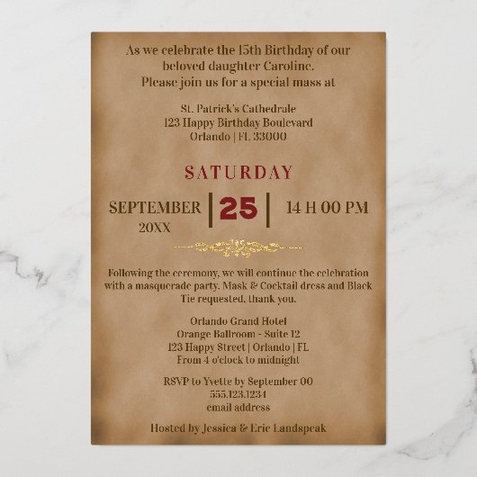 Quinceañera Red English Rose & Gold Red Mask Folieneinladung (Rückseite)