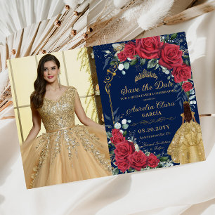 Quinceañera Red Floral Enchanted Rose Navy Foto Save The Date