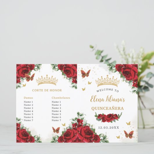 Quinceañera Red Floral Gold Butterfells Programm (Stehend Vorderseite)