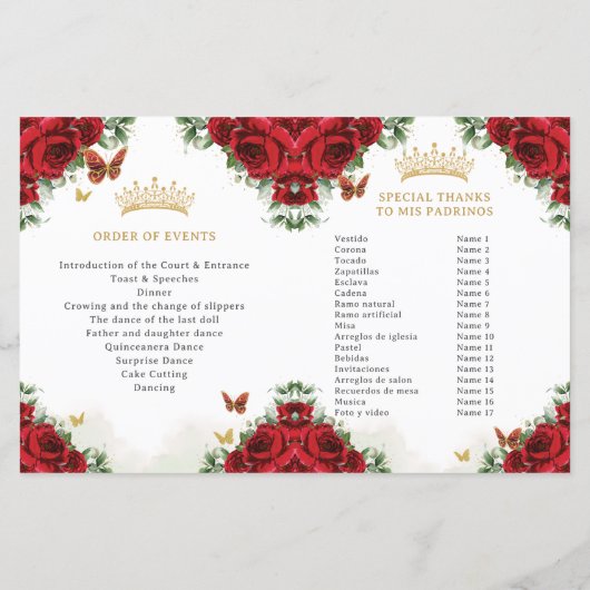 Quinceañera Red Floral Gold Butterfells Programm (Rückseite)