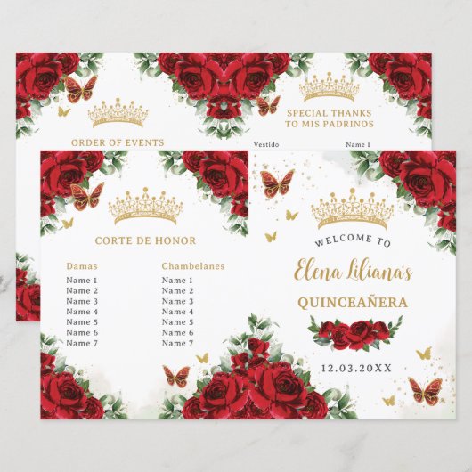 Quinceañera Red Floral Gold Butterfells Programm (Vorne/Hinten)